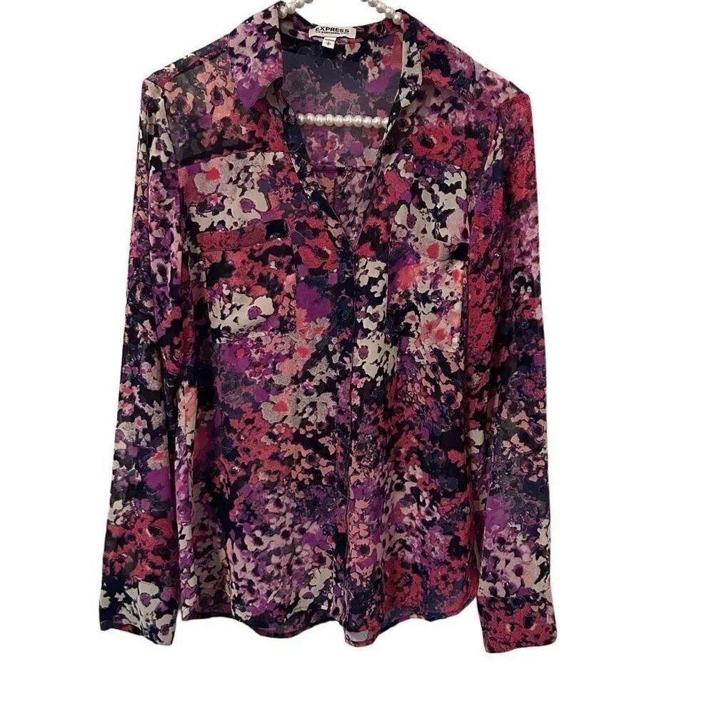 Express Shirt Women S Purple Pink dark floral Portofino Blouse Top fairy sheer